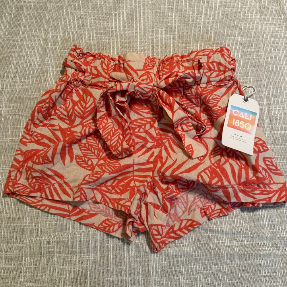 Cali 1850 Womens XS Orange Tropical Leaf Linen Blend Paperbag Waist Shorts NWT